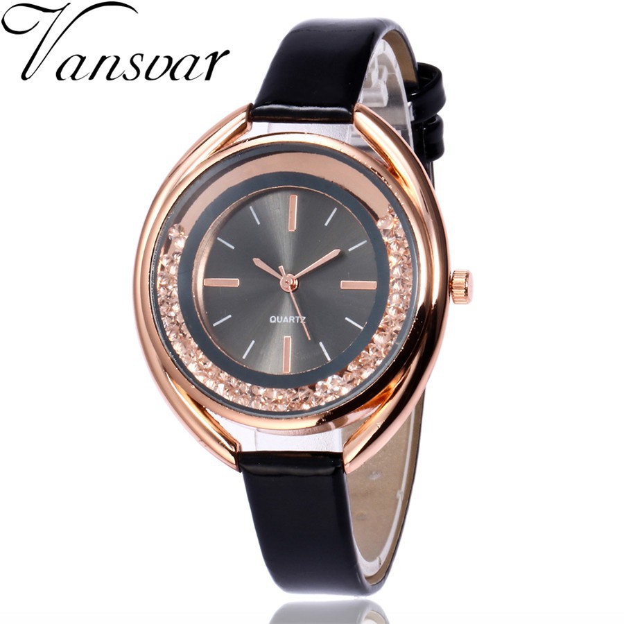 Đồng hồ quartz đính đá với dây đeo da 2111