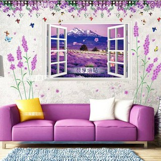 Decal dán tường Combo 3 tranh khung cửa hoa oải hương + hoa oải hương + hàng rào hoa tím