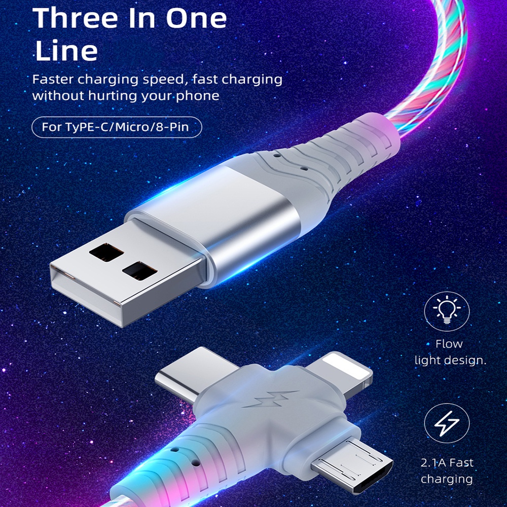 Dây Cáp Sạc Nhanh USB Type C Có Đèn LED 3 Trong 1 Cho iPhone Android
