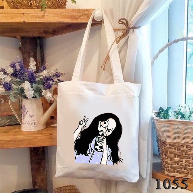 TÚI TOTE TRẮNG CHẤT VẢI CANVAS 1055 CÔ BÉ TRÀ SỮA DỄ THƯƠNG HÀNG CHUẨN ĐẸP