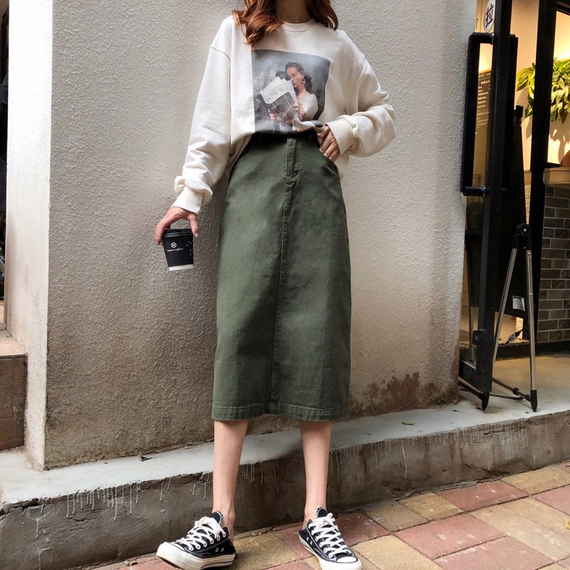 Chân váy Kaki dáng A suông dài Vintage Hàn Quốc - Có ảnh thật ibox