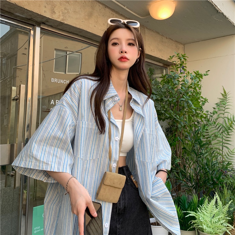 Áo Sơ Mi Tay Ngắn Họa Tiết Sọc Thời Trang Phong Cách vintage Cho Nữ