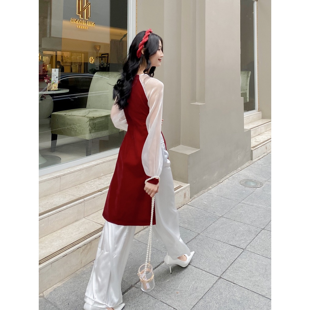 Áo dài nhung gấm tay phối tơ thiết kế by LYRA, chất nhung mịn dày phối tơ trẻ trung, xinh xắn mùa Tet 2021