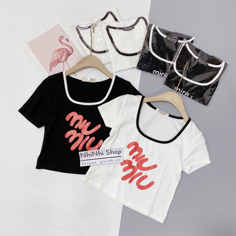 Áo thun kiểu croptop cổ vuông, Áo kiểu dáng ngắn in chữ AS0005 - NhiNhi Shop