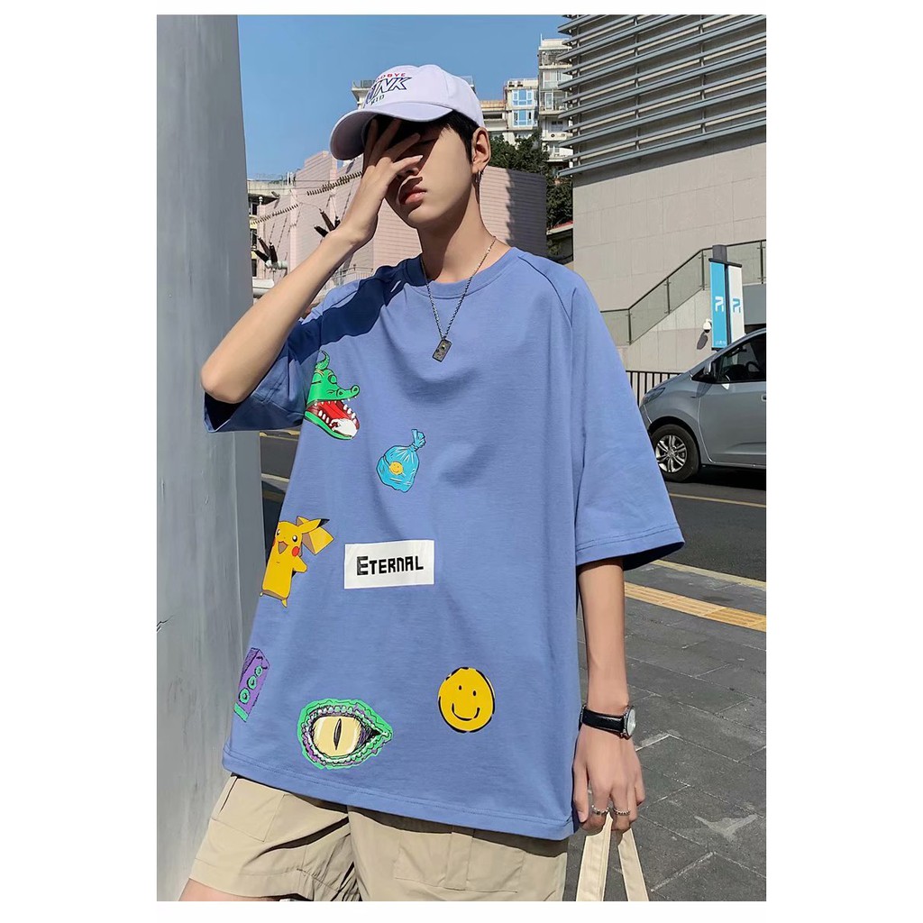 Áo thun tay ngắn cổ tròn dáng rộng in hoạt hình phong cách hàn quốc cá tính cho nam size s-8xl