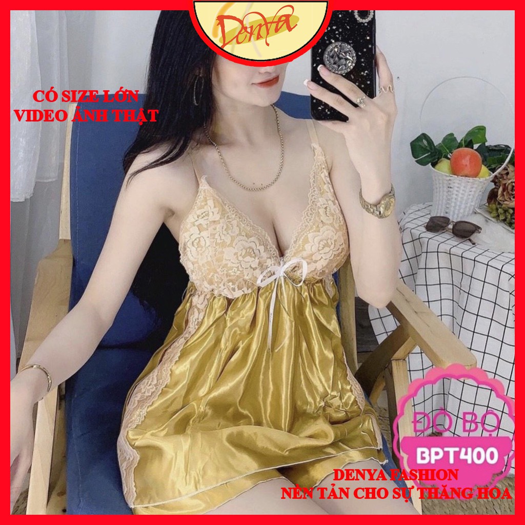 Đồ ngủ sexy bigsize nữ bộ gồm áo 2 dây không mút và quần đùi chất lụa phi phối ren dễ thương gợi cảm DN1