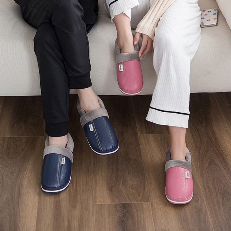 Dép Da Đi Trong Nhà Chống Thấm Nước Phối Lông Ấm Áp Cho Nam