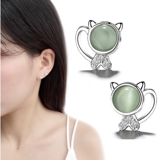 Khuyên Tai Nữ Bạc 925 Cute Cat Đính Đá Pha Lê Xanh Cao Cấp Sun Silver