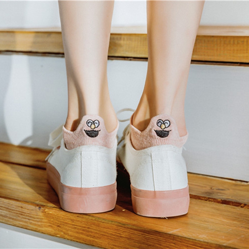 Đôi vớ thuyền thêu họa tiết biểu cảm hoạt hình vui nhộn cho nam và nữ