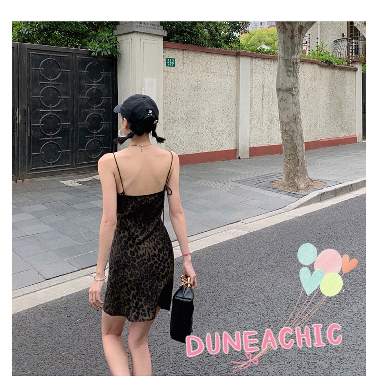 DUNEA Đầm Dây Nữ Cộc Tay Cổ Chữ V In Họa Tiết Da Báo Thời Trang