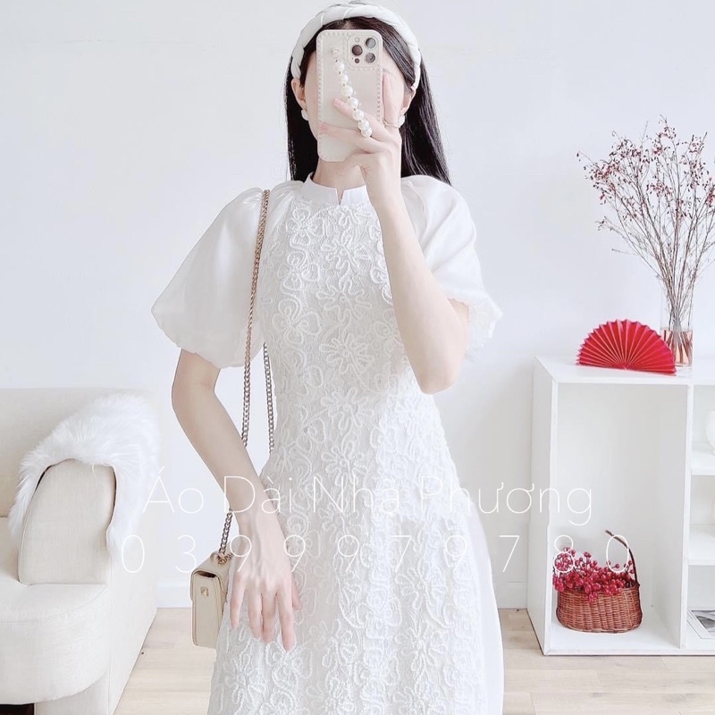 Áo Dài Cách Tân Tay Phồng Kèm Chân Váy Lụa Cao Cấp_Áo dài may sẵn Nhã Phương
