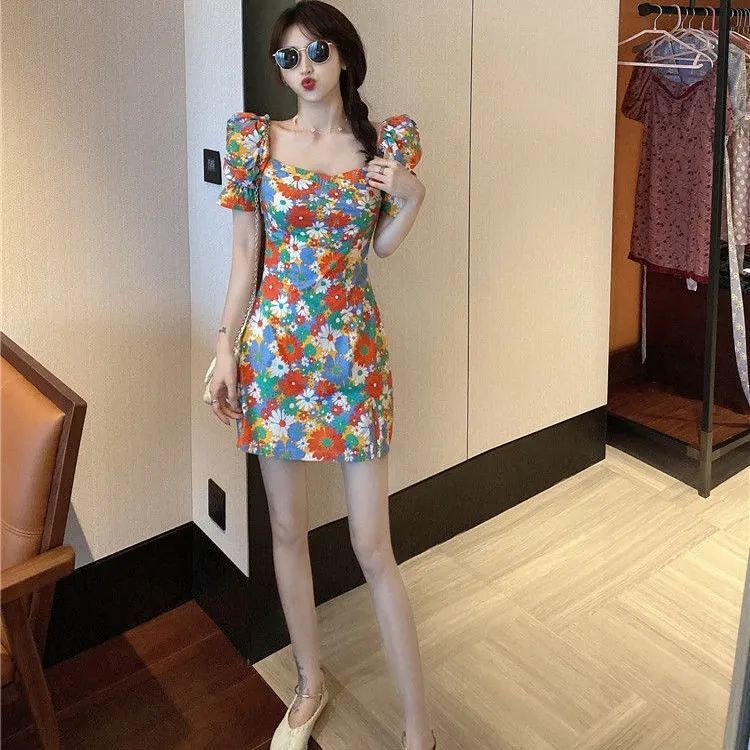 Đầm Hoa Tay Phồng Cổ Vuông Thời Trang Pháp Xinh Xắn