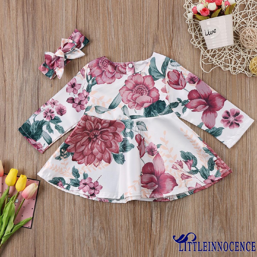 ❤XZQ-Newborn Baby Girls Long Sleeve Floral Dress Headband 2PCS Outfits Kids Clothes