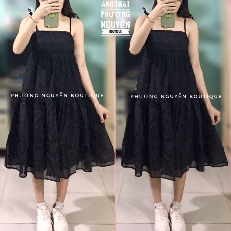 Đầm - váy hai dây voan tơ buộc nơ vai 2 lớp phong cách ulzzang Hàn Quốc