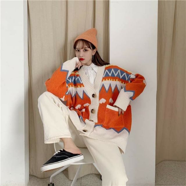 (Có sẵn) Áo khoác len thu đông sắc màu ulzzang áo len dệt kim dáng rộng phong cách Hàn