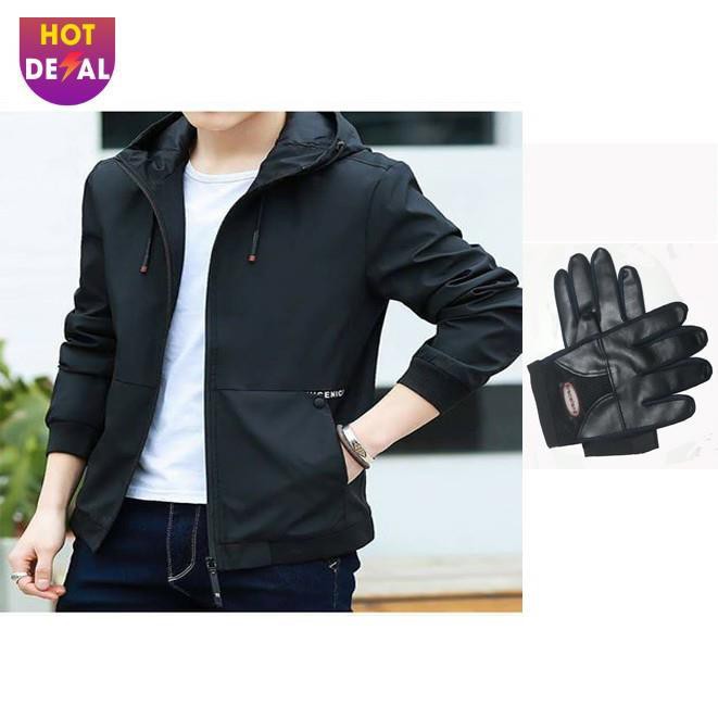 Áo khoác dù nam có nón AK23D ( đen) + tặng kèm găng tay da cao cấp cao cấp.