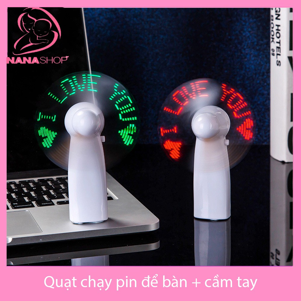 Quạt mini cầm tay + để bàn chạy bằng pin có đèn LED