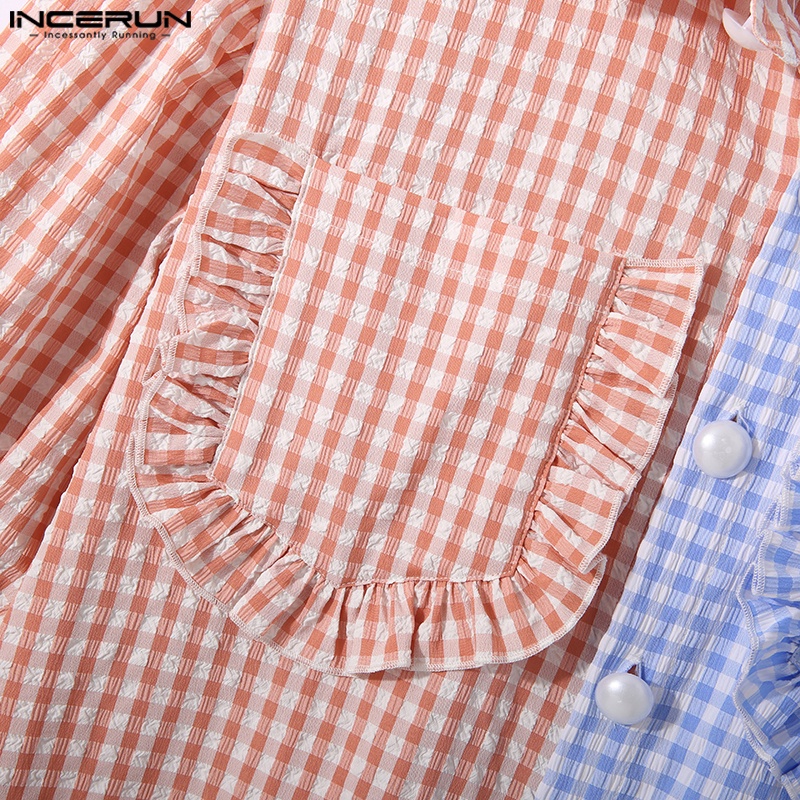 Áo sơ mi Incerun tay ngắn viền nhún bèo in kẻ sọc nhiều màu bắt mắt kiểu mùa hè cho nam