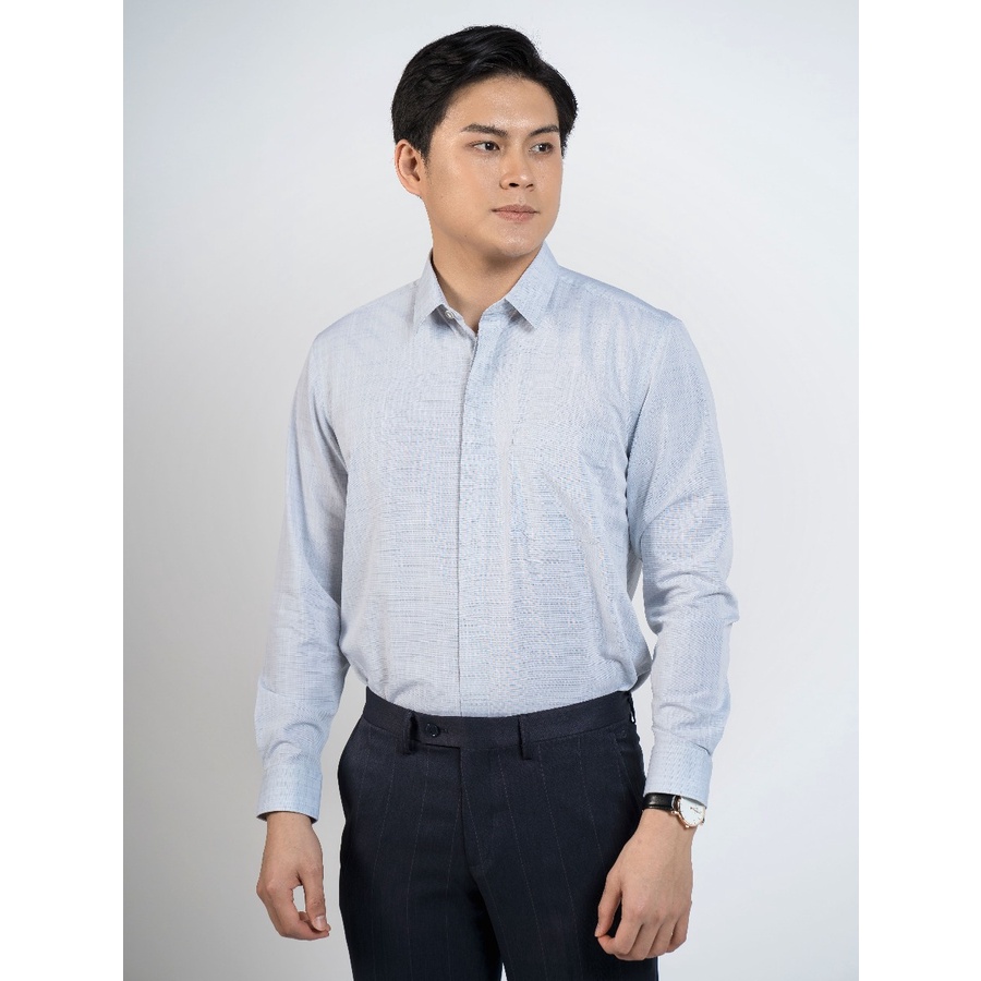 Áo sơ mi nam dài tay OWEN AR220021DT somi công sở vải sợi tre cao cấp màu xanh ghi sớ ngang dáng suông tà lượn có túi
