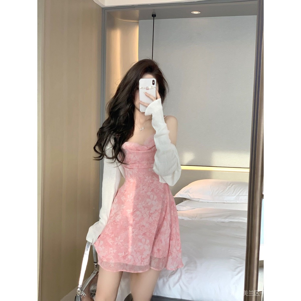 New stock pink floral romantic short skirt for women's summer 2023, unique design, slim fit for niche, floral dress, French dress, short sleeved dress, floral dress, long dress