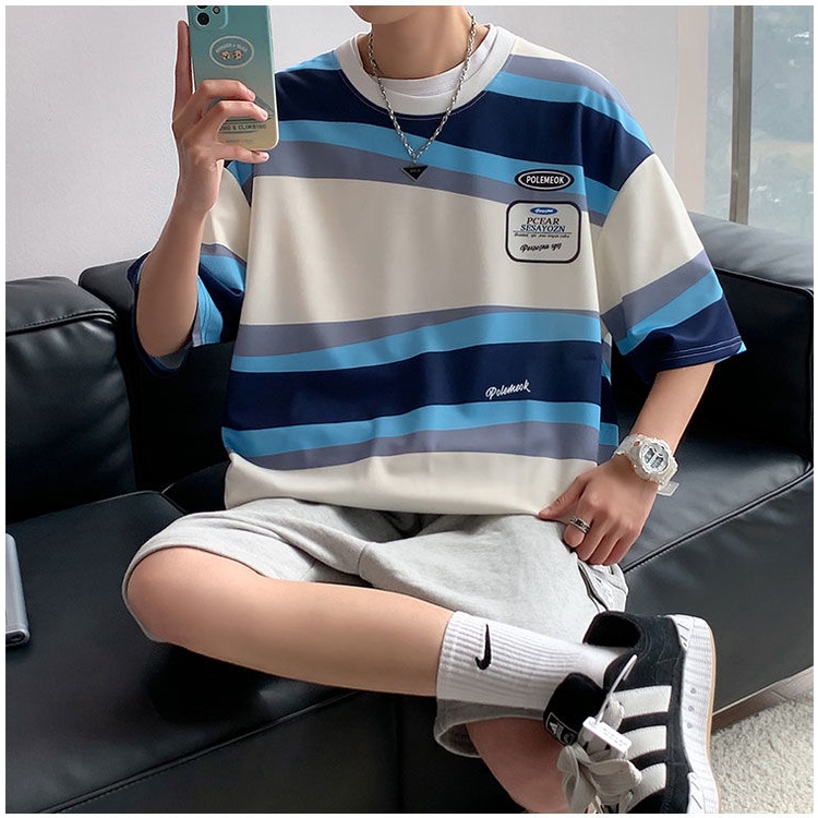 Áo Thun Tay Ngắn Cổ Tròn Họa Tiết Kẻ Sọc Thời Trang Mùa Hè 2022 Cho Nam