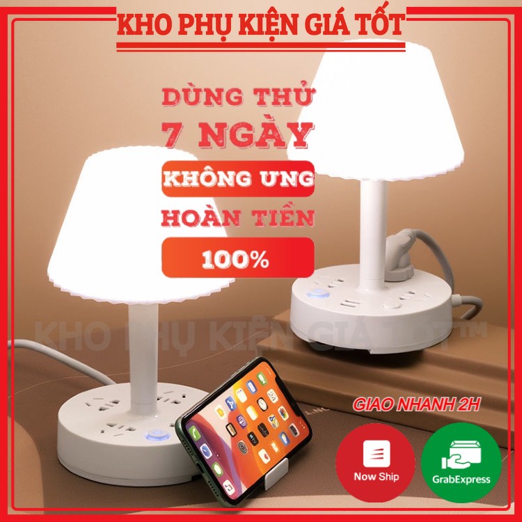 Đèn ngủ có 3 ổ cắm điện, 2 cổng sạc USB 5V/2A, chế độ sáng 3 màu phiên bản PREMIUM công suất tải 2500W tặng kèm giá đỡ