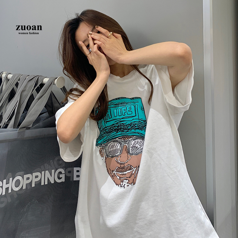 SUXI Áo sơ mi in chân dung cổ điển dài vừa phải tay lửng thời trang