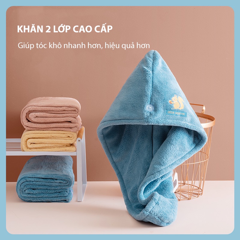 Khăn quấn tóc nhanh khô chất liệu vải cotton 2 lớp mềm mại thấm hút tốt, Khăn cuốn tóc ủ tóc lau khô siêu tốc có nút cài