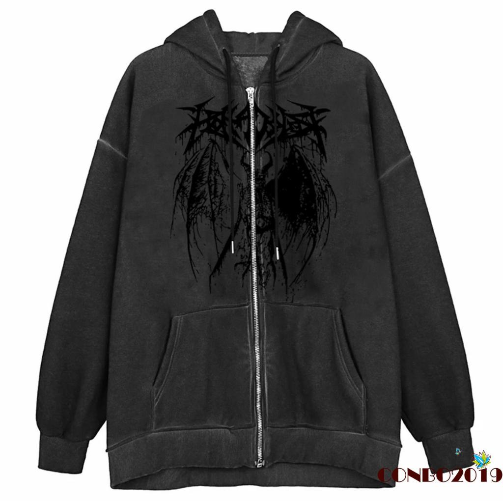 Hgm- Áo Hoodie Tay Dài Dáng Rộng In Hình Quỷ Có Dây Kéo Cho Nữ