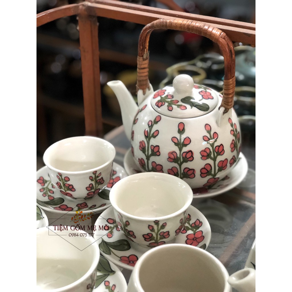 Bộ ấm trà quai mây gốm sứ Bát Tràng vẽ tay hoa văn phong cách vintage