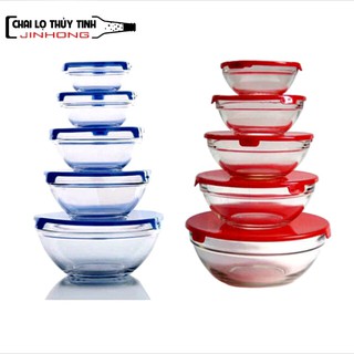 Bộ 5 thố thủy tinh nắp nhựa cao cấp - màu ngẫu nhiên