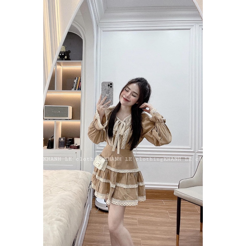Set áo chân váy nâu tây phối ren cao cấp