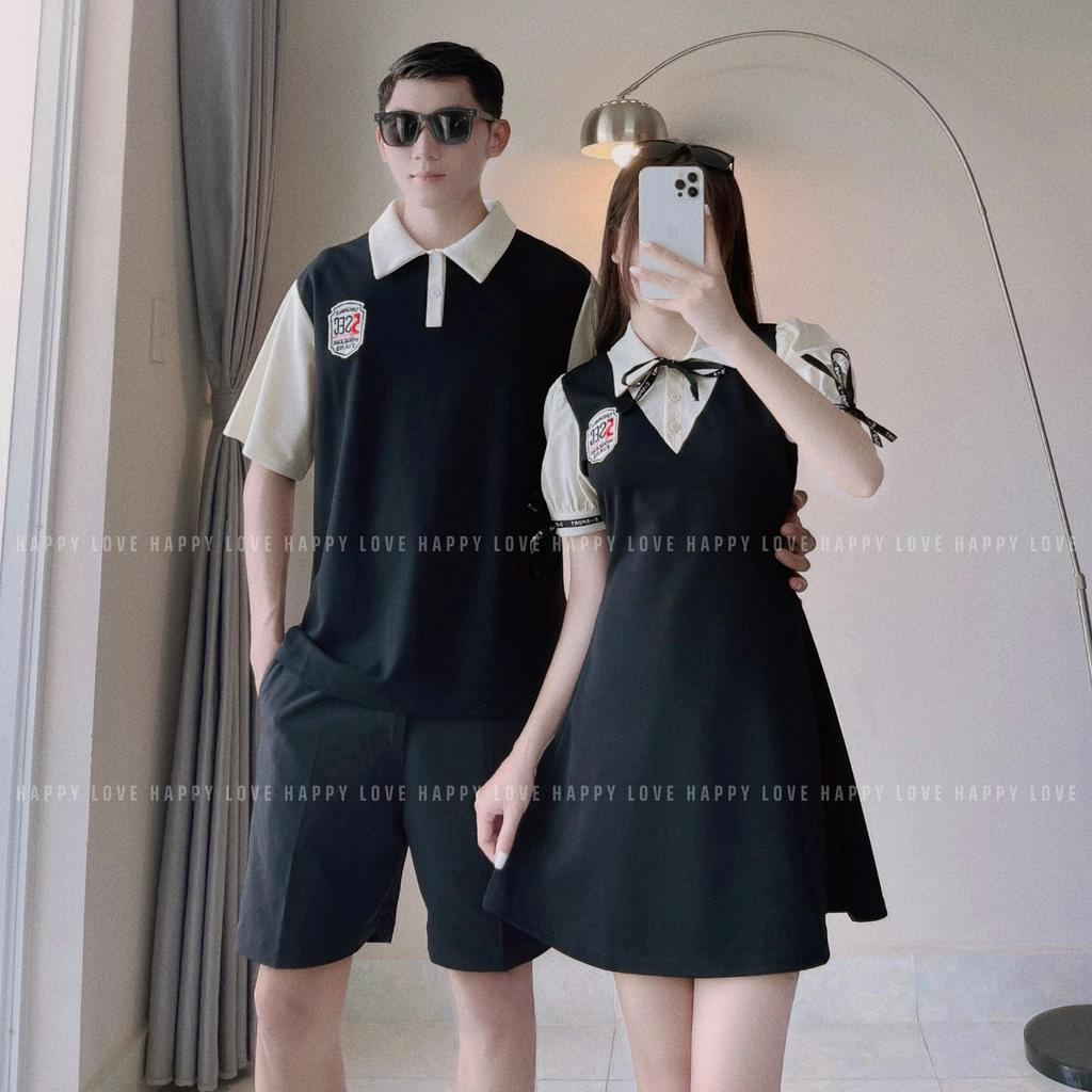Đồ đôi nam nữ couple set áo váy polo màu đen logo thêu phong cách hàn quốc HAPPYLOVE H86