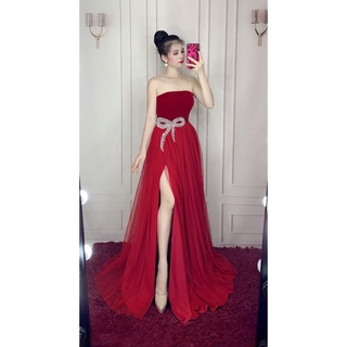 NUT's Wedding - ĐẦM NHUNG CÚP NGỰC XẺ ĐÙI KẾT NƠ ĐÁ , cúp ngực, dành dự tiệc, sinh nhật, sự k