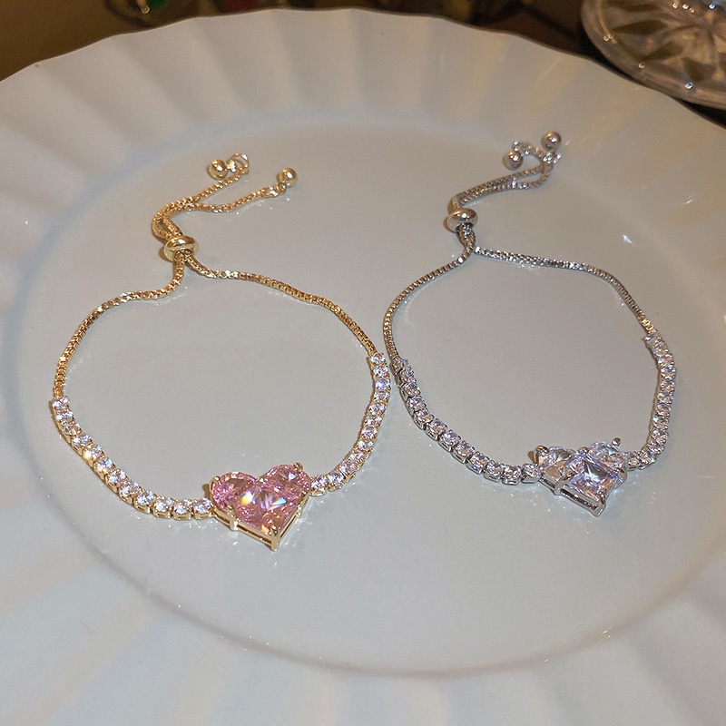 Vòng Tay Đính Đá Zircon Hình Trái Tim Có Thể Điều Chỉnh Thời Trang Hàn Quốc Cho