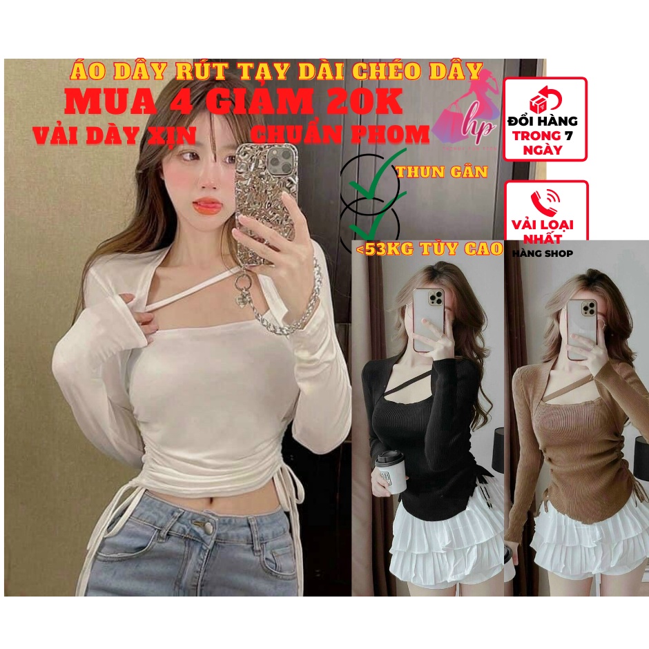 Áo kiểu nữ đẹp cổ vuông ôm body tay dài rút eo 1 dây phong cách hàn quốc cực dễ thương mẫu mới thời trang-A103