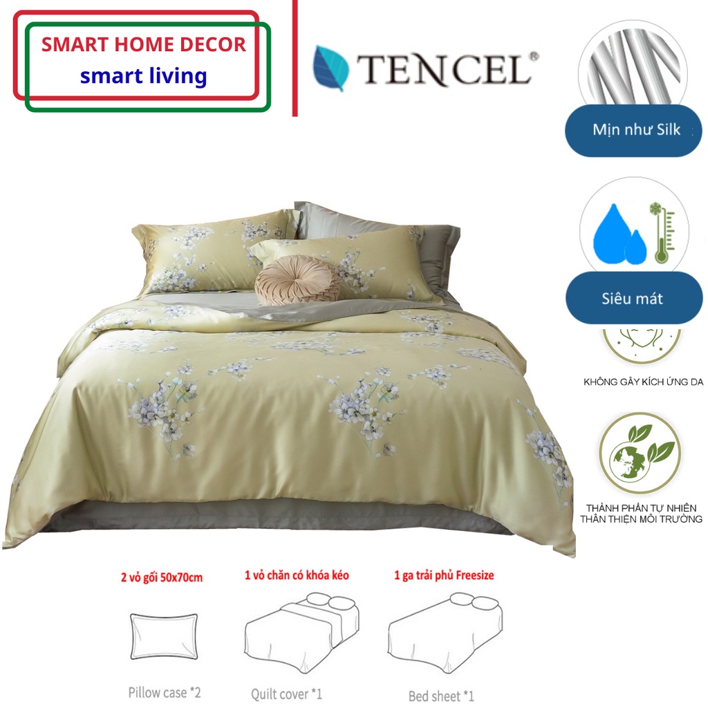 Bộ chăn ga gối cao cấp 100%Tencel 60s 5 món, Họa tiết Hoa nhí, Chất liệu siêu mềm mát mịn, chống nhăn