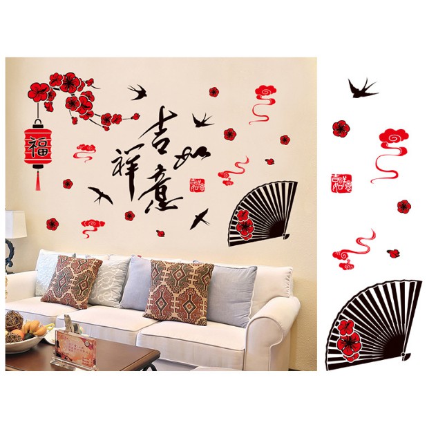 Decal trang trí tết - Chữ lớn và Quạt trang trí