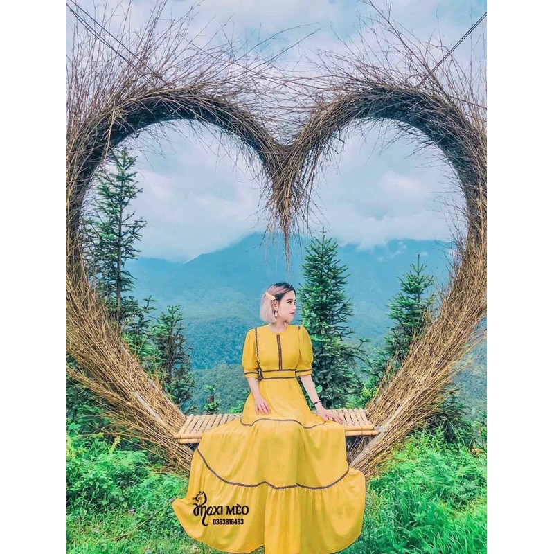 Đầm maxi đũi lụa thổ cẩm phối viền tay bồng hở lưng vintage, Váy tiệc xoè xịn retro du lịch chụp ảnh đẹp 3 MÀU HÌNH THẬT | BigBuy360 - bigbuy360.vn