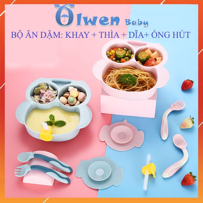 Bộ 4 Dụng Cụ Ăn Dặm Cho Bé Khay, Thìa, Dĩa, Ống Hút, Đế Hút Chân Không, Bát Chia 3 Ngăn Tập Ăn Xúc An Toàn Tránh Đổ Vỡ