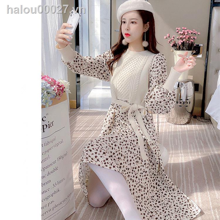 Đầm dệt kim in hoa thời trang mùa đông năm mới cho nữ
