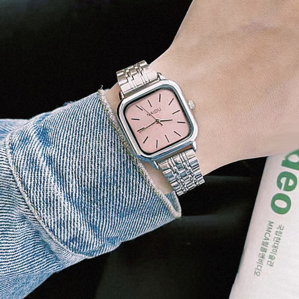 Đồng Hồ Nữ Dây Thép Lưới Mặt Vuông Đơn Giản Phong Cách Hàn Quốc