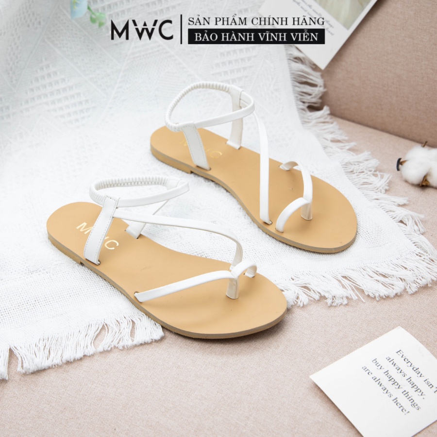 Giày Sandal MWC Đế Bệt Xỏ Ngón Chất Da Màu Đen Kem Cá Tính NASD-2895