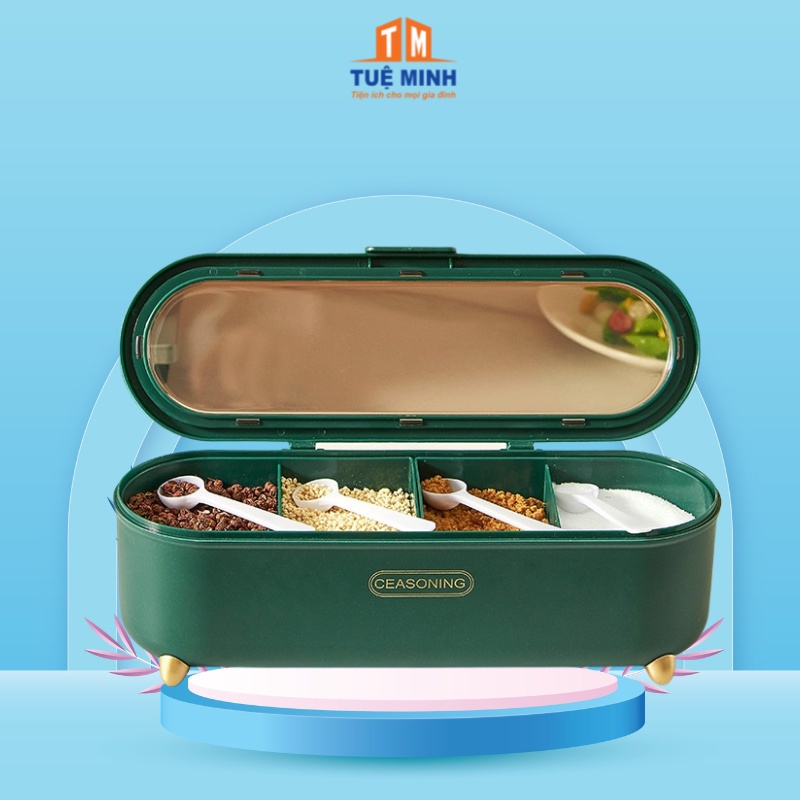 Hộp gia vị đa năng 4 ngăn kèm muỗng cách biệt đựng nhiều gia vị trong hộp thay thế gia vị dễ dàng