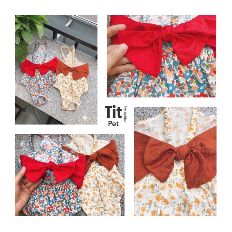 Bikini hoa nhí phối bản nơ to cho chó mèo/Quần sinh lý cún cái cao cấp