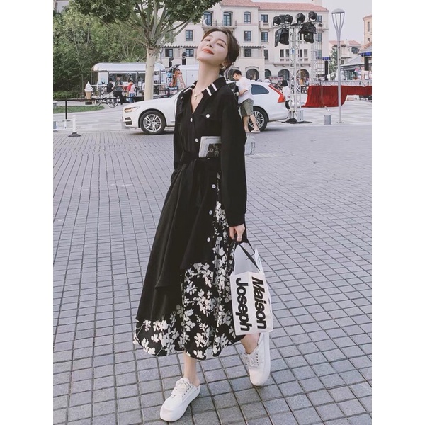 Đầm sơ mi phối hoa trắng