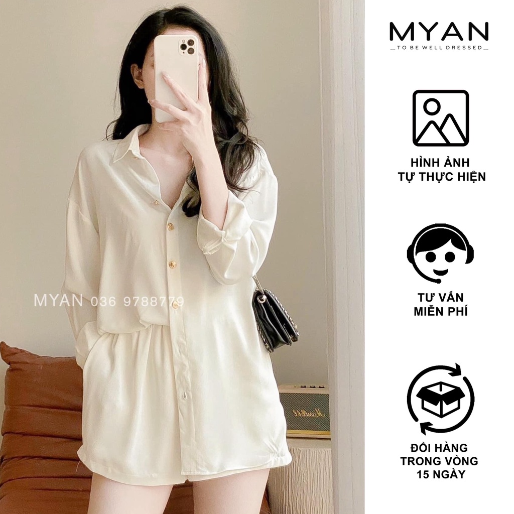 Set Áo Sơ Mi Cổ Đức + Quần Shorts/Sooc Cạp Chun Màu Trơn (Trắng, Đen, Xanh, Cam, Xanh) MYAN - Svn042203
