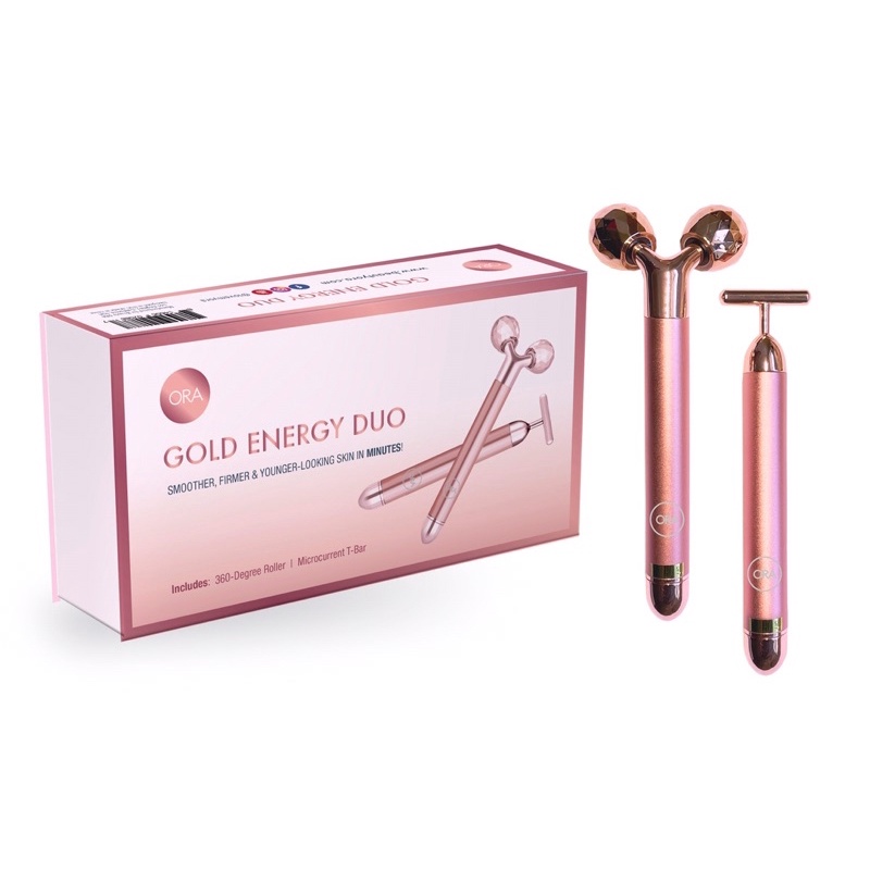 Set thanh lăn massage nâng cơ, chống lão hoá Beauty Ora ORA 360-Degree Roller &amp; Microcurrent T-Bar Deluxe Set Pink Gold