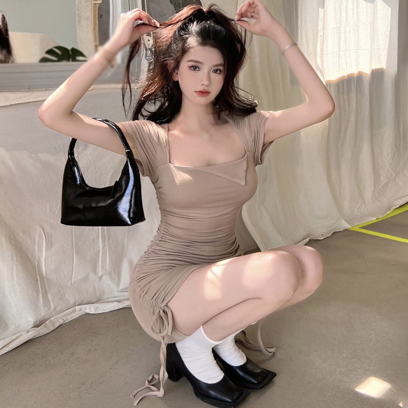 Đầm Dây Rút Tay Ngắn Cổ Vuông Màu Trơn Thời Trang Hàn Quốc Cho Nữ