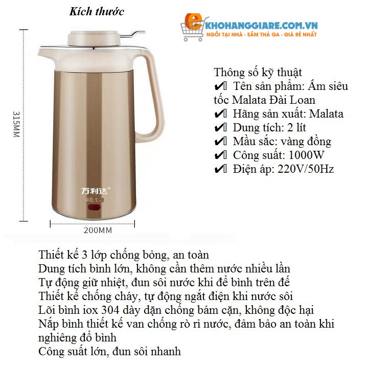 Ấm siêu tốc cao cấp giữ nhiệt chống bỏng hiệu quả tiết kiệm điện dung tích bình đun lớn chính hãng Malata